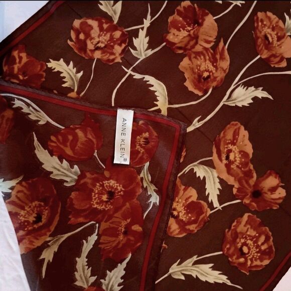 Anne Klein Silk Poppy Flowers Floral Scarf Brown Dark Red Cream Oblong 14" x 58" - Picture 1 of 15